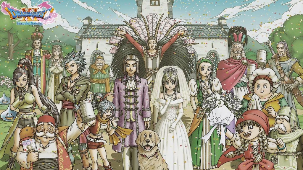 Artwork from Dragon Quest XI, featuring the main characters at the Protagonist and Gemma's wedding.
